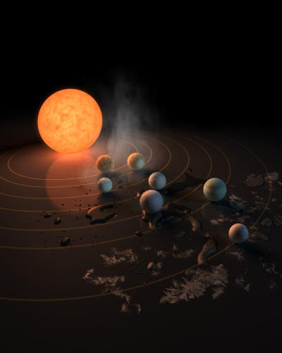 النجم ترابيست-1، قزم فائق البرودة، وتدور حوله سبعة كواكب بحجم الأرض.